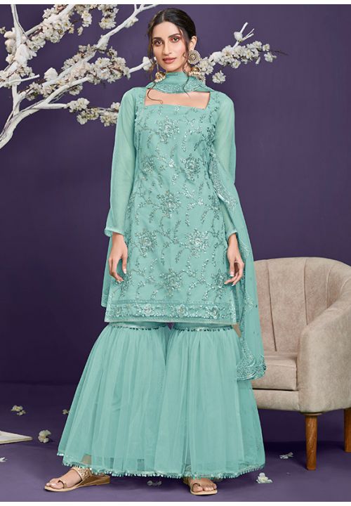 Seraphic Turquoise Sangeet Wedding Party Palazzo In Net SFSA294106 - ShreeFashionWear  
