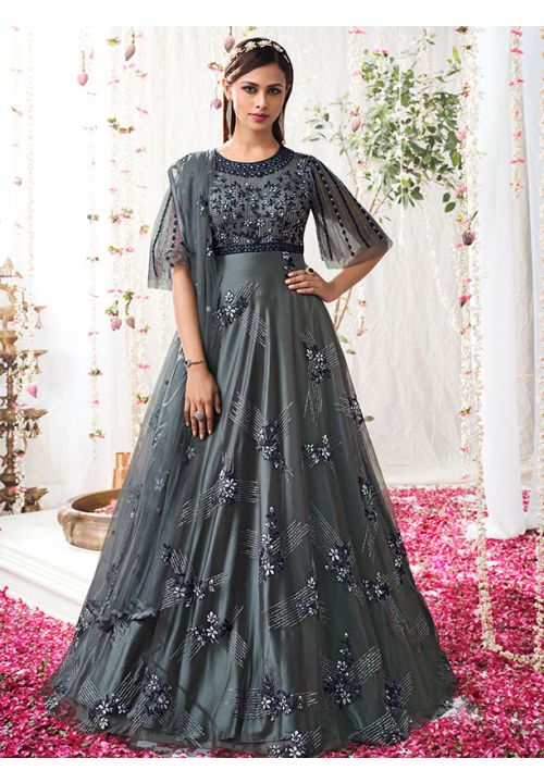 Grey Wedding Reception Designer Net Anarkali Suit SRSWG7204 - ShreeFashionWear  