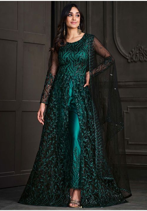 Green Net Wedding Indian Pakistani Long Gown Anarkali Suit SFVPL20905