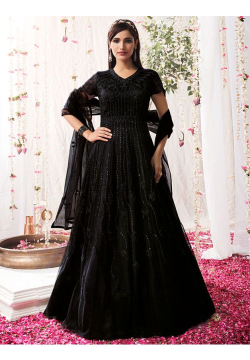 Black Wedding Reception Designer Net Anarkali Suit SRSWG7208 - ShreeFashionWear  