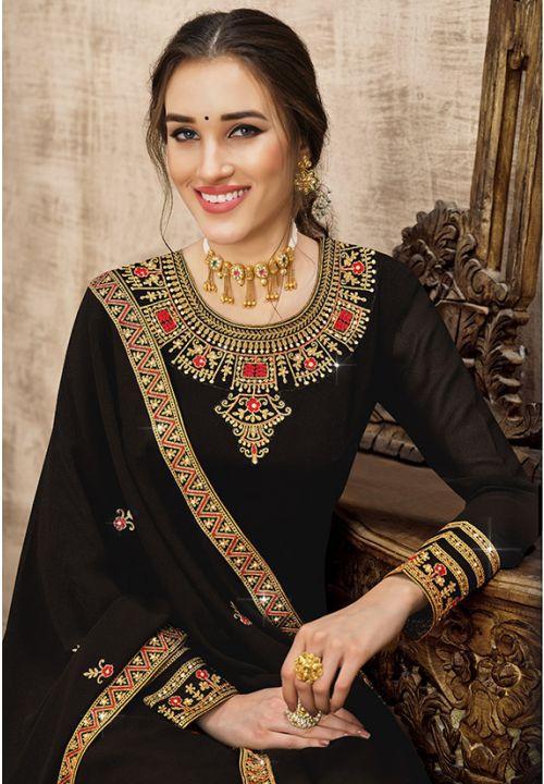 Black Plus Size Indian Pakistani Palazzo Salwar Suit Georgette EXSWG6805 - ShreeFashionWear  