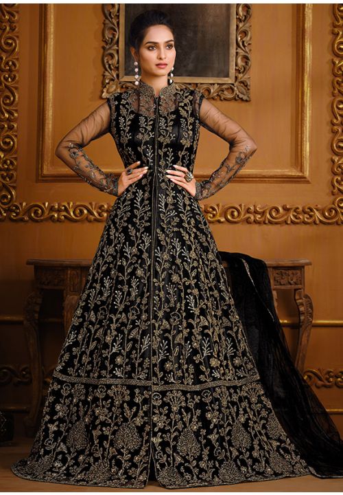 Black Indian Pakistani Bridal Gown Anarkali Suit In Net  SFVPL18804 - ShreeFashionWear  