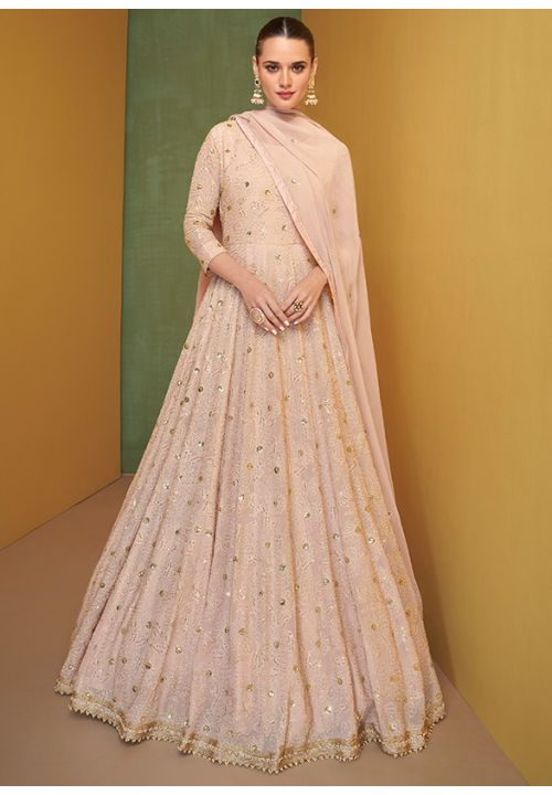 Peach Reception Anarkali Wedding Gown In Georgette SYS88104