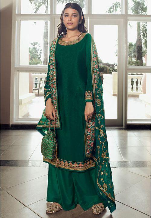 Green Plus Size Chinnon Fabric Palazzo Salwar Kameez PLUS459 - ShreeFashionWear  