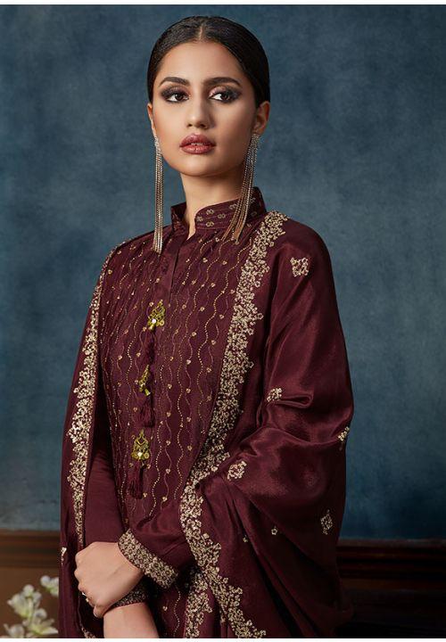 Brown Party Palazzo Suit In Chinon Small- 3XLarge EXAPR49 - ShreeFashionWear  