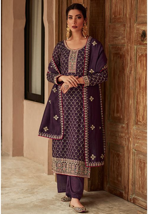 Purple Indian Pakistani Silk Long Palazzo Suit SFYS88904