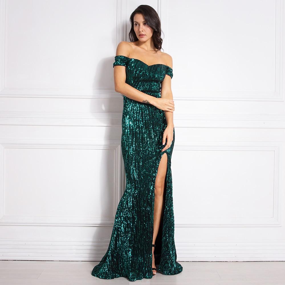 Sequin Green Maxi Dress Off Shoulder Floor Length Wedding Bridal Mermaid SOBL553 - ShreeFashionWear  