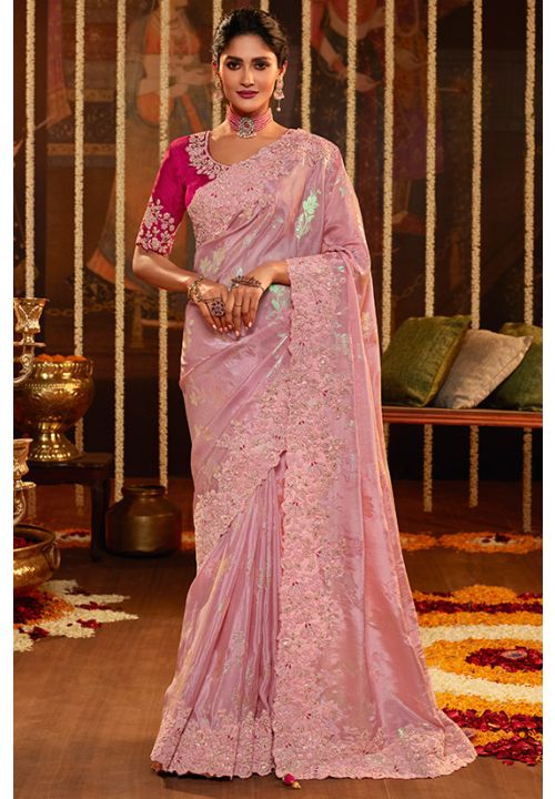 Pink Indian Bridal Wedding Saree Viscose Fabric SRYMK9608