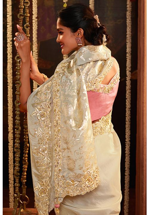 Cream Handloom Pure Katan Silk Kimkhab Banarasi Saree And Red Selvedge –  WeaverStory