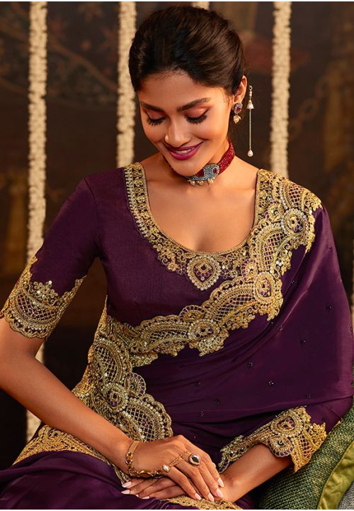 Purple Georgette Saree With Stone Embellishment And Embroidery at Soch