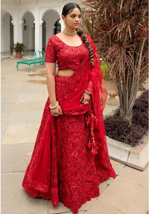 Divine Red Indian Pakistani Bridal Lehenga In Net SRSA330510 - ShreeFashionWear  