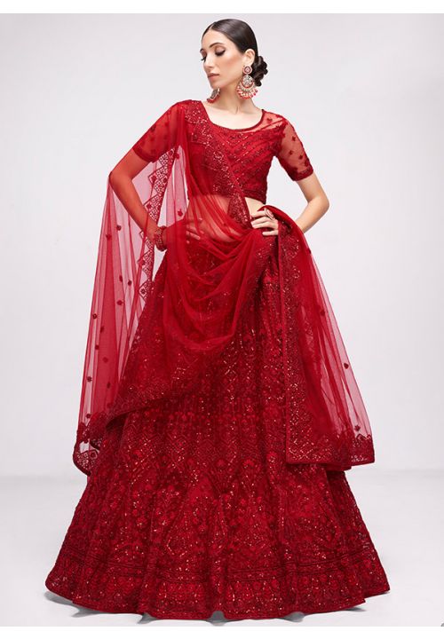 Red Indian Bridal Lehenga Choli In Net SRSA355804