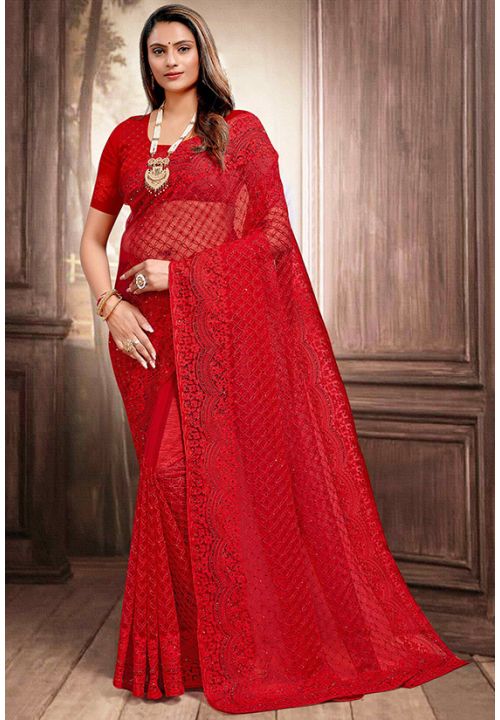 Hot Red Bridal Indian Designer Net Fabric Saree SRPBT20602 - ShreeFashionWear  