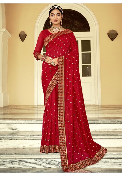 Red Silk Indian Bridesmaid Wedding Saree  SREPRF165401 - ShreeFashionWear  