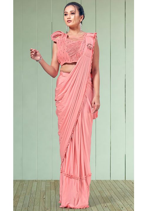 Rouge Pink Soft Lycra Ready To Wear Indian Saree  SREXO31403 - ShreeFashionWear  