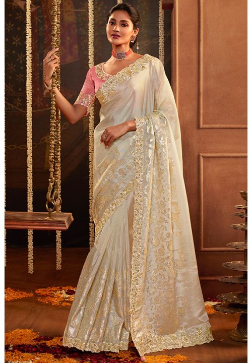 Cream Indian Bridal Wedding Saree Viscose Fabric SRYMK9602