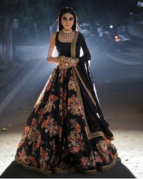 Bridesmaid Indian Designer Black Floral Lehenga Set Organza SFINS0098SD - ShreeFashionWear  
