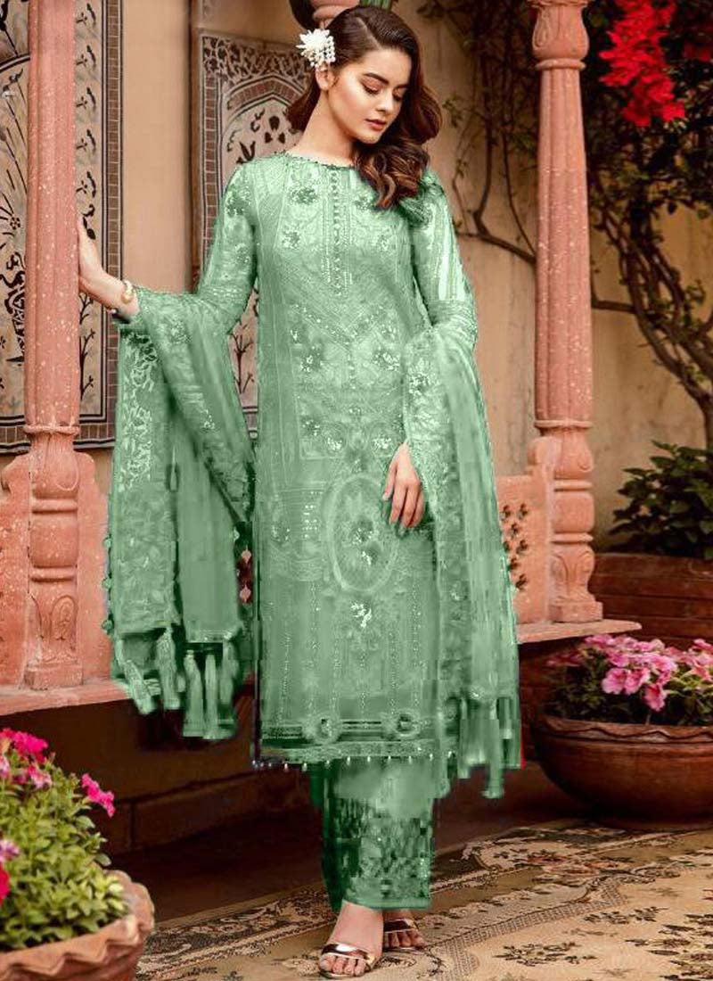 Green Sangeet Salwar Pant Kameez Suit In Net FAS83042 - ShreeFashionWear  