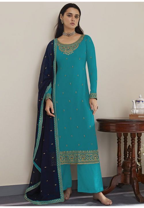 Buy Turquoise Georgette Palazzo Suit  YDSA275405 - ShreeFashionWear  