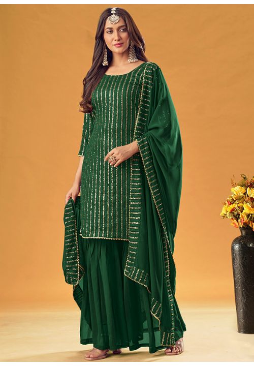 Green Sharara Palazzo Suit In Georgette SRSA3290003 - ShreeFashionWear  
