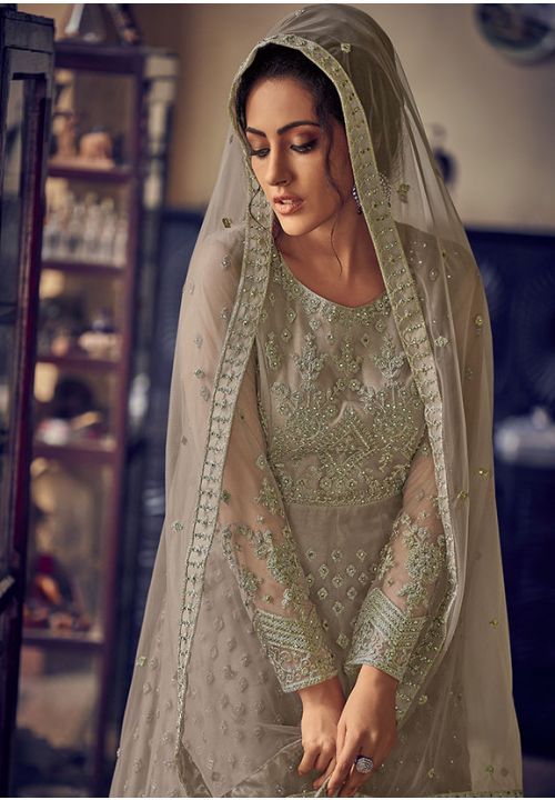 Grey Bridal Anarkali Gown In Net Lucknowi Work SFYS61304 - ShreeFashionWear  