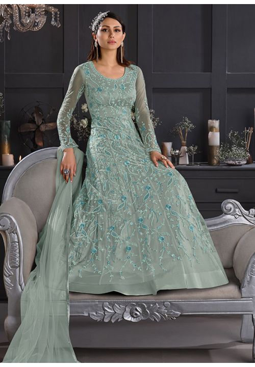 Grey Net Wedding Party Long Anarkali Gown Suit SFSWG6703 - ShreeFashionWear  