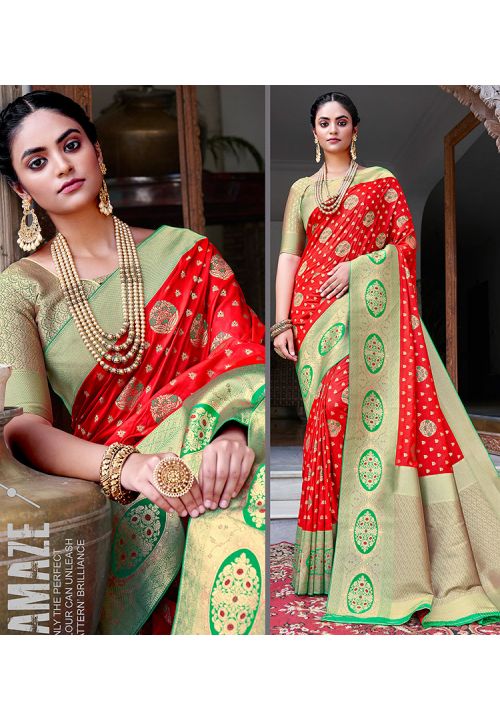 Buy Designer Red Indian Wedding Banarasi Silk Saree SROBW14704 - ShreeFashionWear  