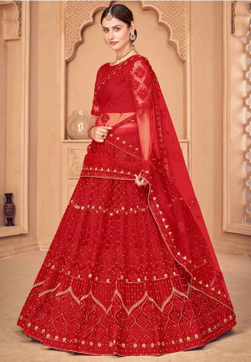 Buy Red Indian Bridal Lehenga Choli In Net SRROY397903