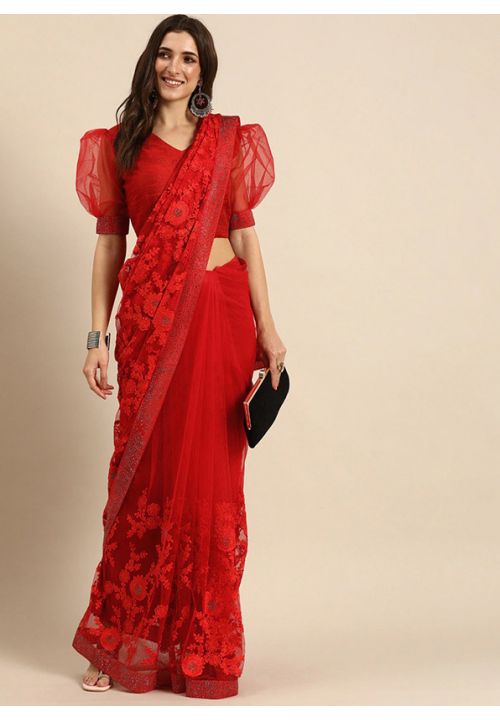 Red Net Indian Designer Wedding Party Saree SRDIW20801 - ShreeFashionWear  
