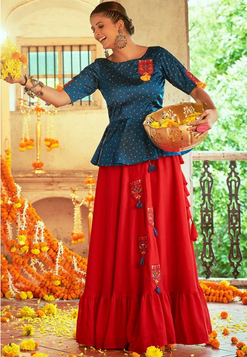 Teal Red Festival Navaratri Choli Ethnic Skirt with Top SAKHU13801R
