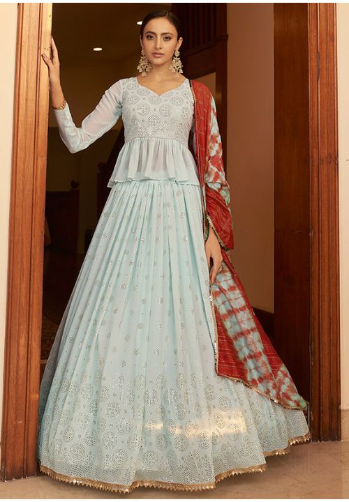 Blue Peplum Top Wedding Sangeet Lehenga In Georgette SRKHU12302 - ShreeFashionWear  
