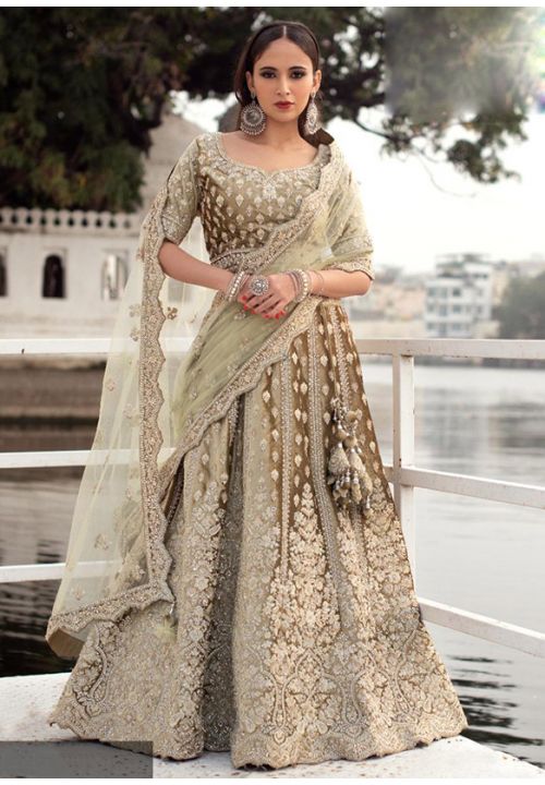 Divine Green Khaki Indian Pakistani Bridal Lehenga In Velvet SRSA330509 - ShreeFashionWear  