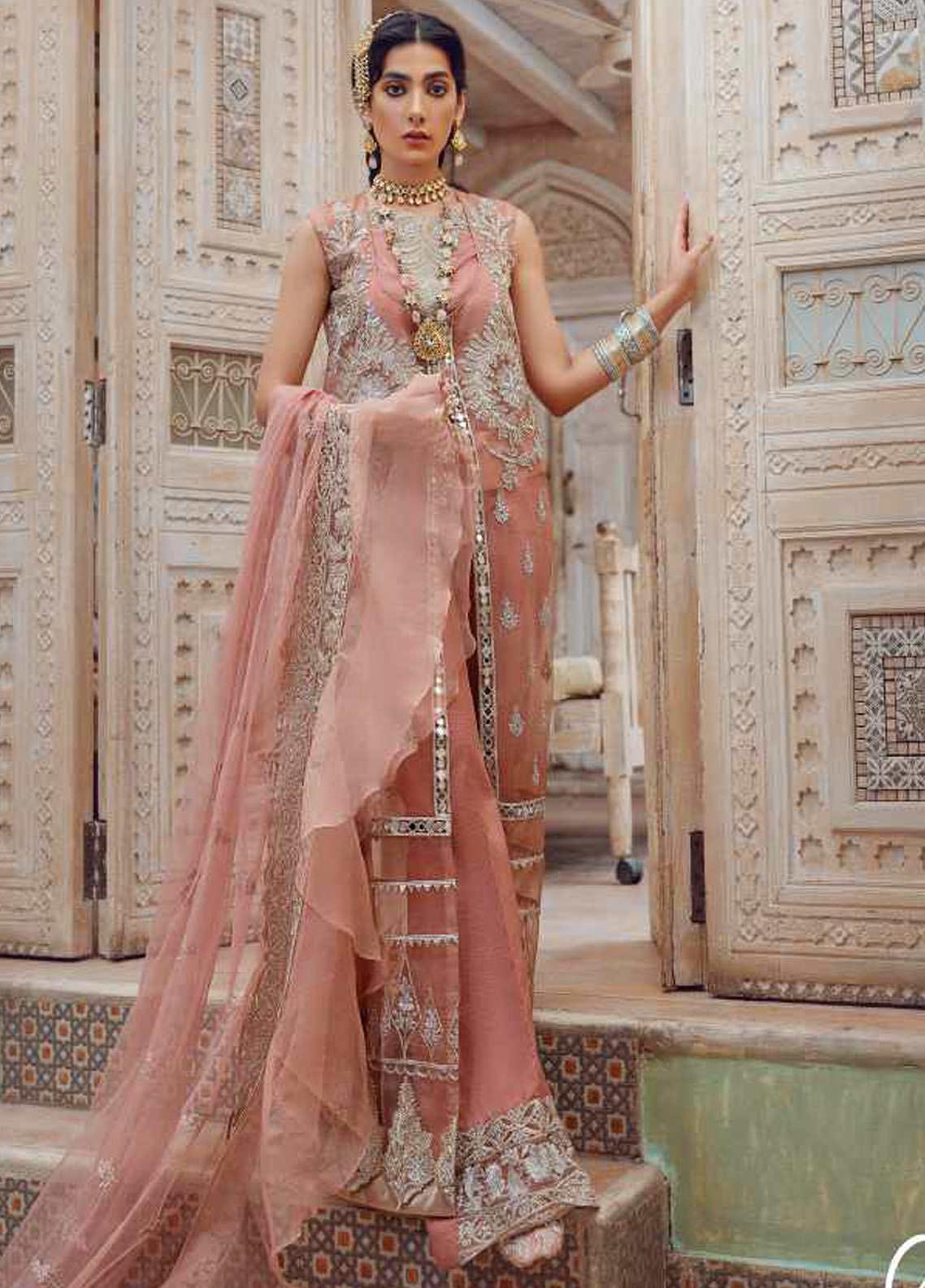 Peach Kinaar by Shiza Hassan Embroidered Poly Net Suit 3 Piece Suit - Aabroo - ShreeFashionWear  