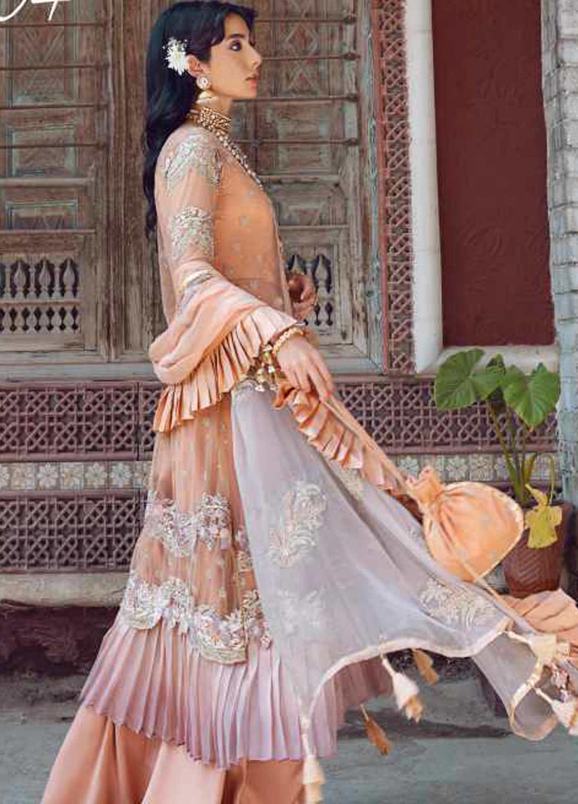 Peach Kinaar by Shiza Hassan Embroidered Poly Net Suit 3 Piece Suit - Heer - ShreeFashionWear  