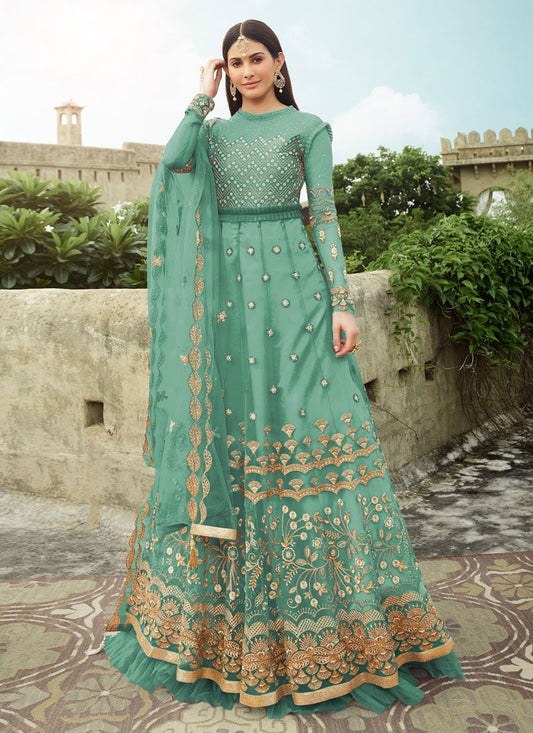 Turquoise Amyra Dastur Long Anarkali Evening Gown In Net FZSF100743 - ShreeFashionWear  