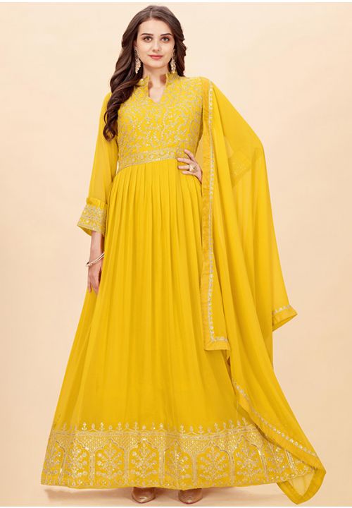 Yellow Bridal Heavy Embroidery Long Anarkali Suit In Georgette SRPRF169702