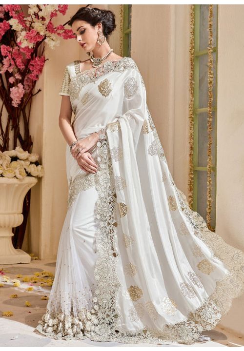 White Wedding Reception Saree With Diamond Work SFSA107002 - ShreeFashionWear  
