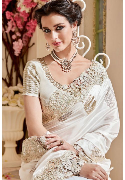 White Wedding Reception Saree With Diamond Work SFSA107002 - ShreeFashionWear  