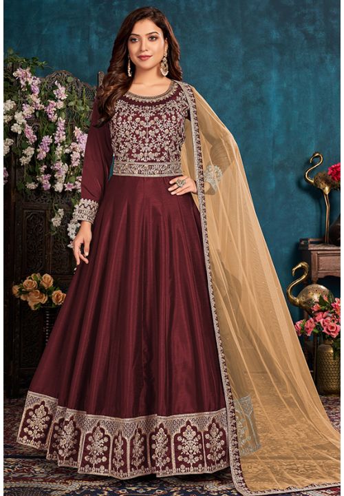 Maroon Designer Bridesmaid Long Anarkali Suit In Art Silk SRSA332403 - ShreeFashionWear  