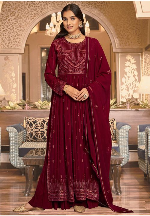 Maroon Indian Anarkali Wedding Gown In Georgette SFYS88504