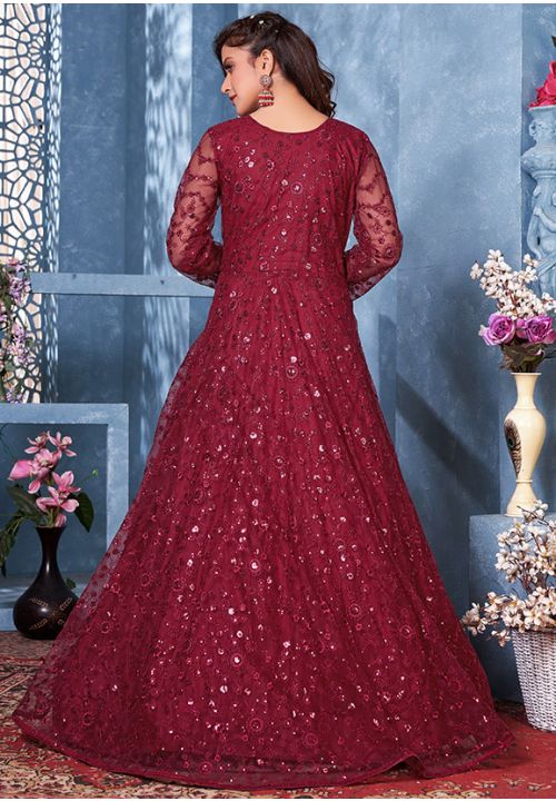 Maroon Red Net Designer Heavy Sequin Work Anarkali Suit SRDFS17704 - ShreeFashionWear  