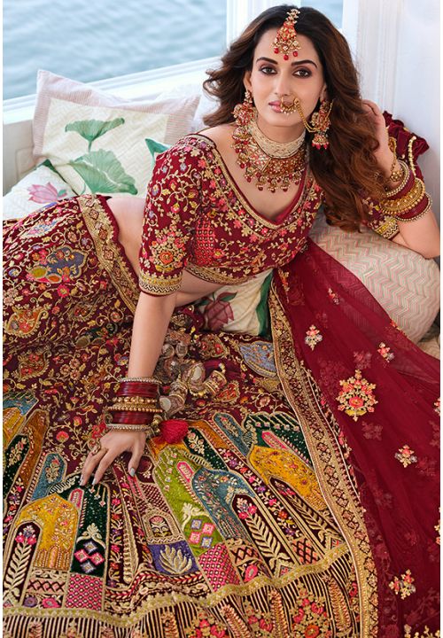 Coding Embroidery Work Velvet Designer Bridal Lehenga Choli In Red Color