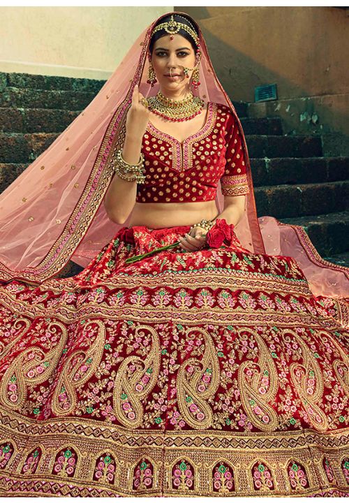 Red Velvet Indian Bridal Lehenga Zircon Stone Work SFANJ1361 – Siya Fashions