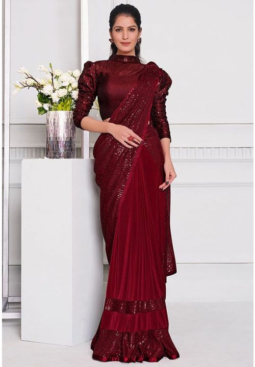 Merlot Red Indian Designer Lycra Fabric Sequin Saree SRDIW17901 - ShreeFashionWear  
