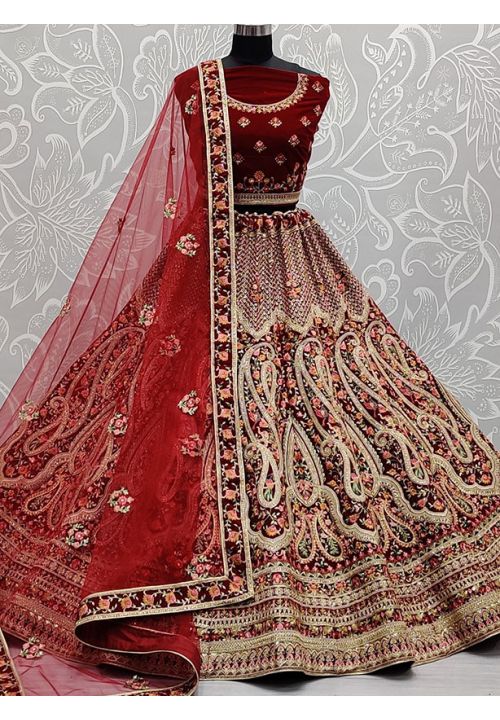 Red Royal Bridal Indian Pakistani Bridal Lehenga In Velvet SRANJ1840 - ShreeFashionWear  