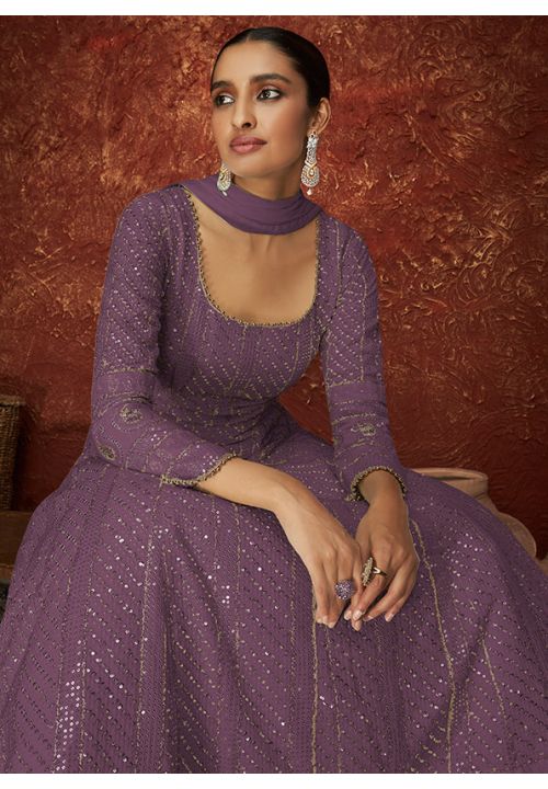 Purple Bridal Reception Long Anarkali In Georgette SRYS78203B - ShreeFashionWear  