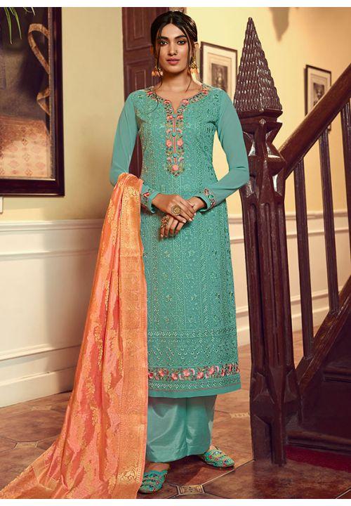 Blue Peach Sangeet Plus Size  Palazzo Salwar Kameez Lakhnavi Fabric PLUS243 - ShreeFashionWear  