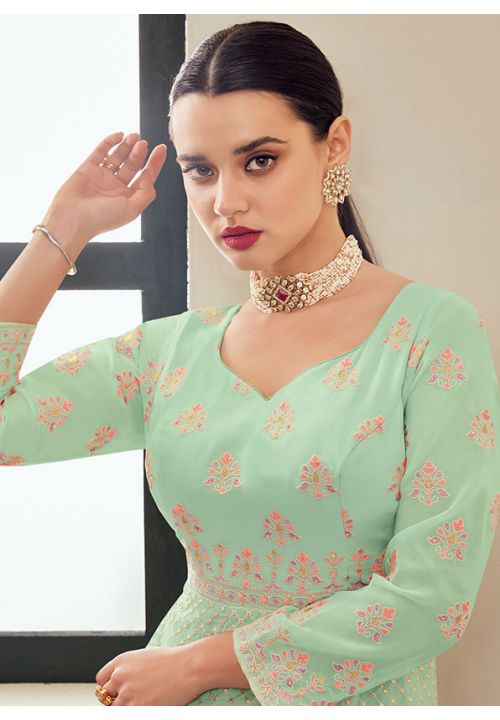 Mint Green Indian Wedding Georgette Anarkali Gown EXYS68004 - ShreeFashionWear  