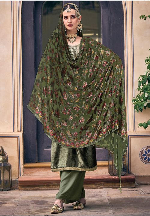 Green Plus Size Readymade Salwar Pants In Velvet SFSTL22904