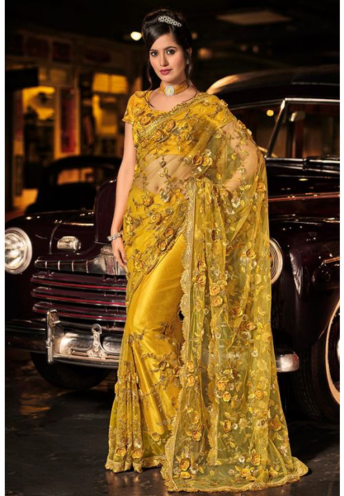 Yellow Indian Pakistani Wedding Party Net Designer Saree SRSA301710 - ShreeFashionWear  